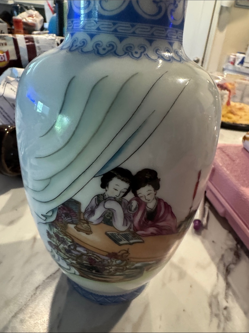 Hand-Painted Blue and White Porcelain Vase with Pink Accent